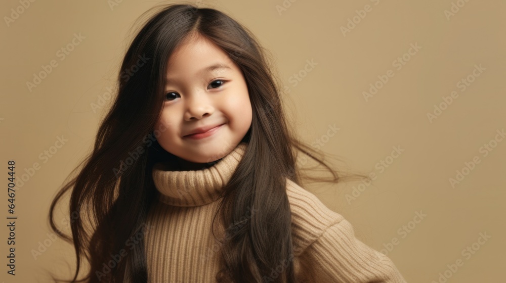 Portrait of a positively beaming brunette girl in neutral clothes, set against a beige studio background. Generative AI