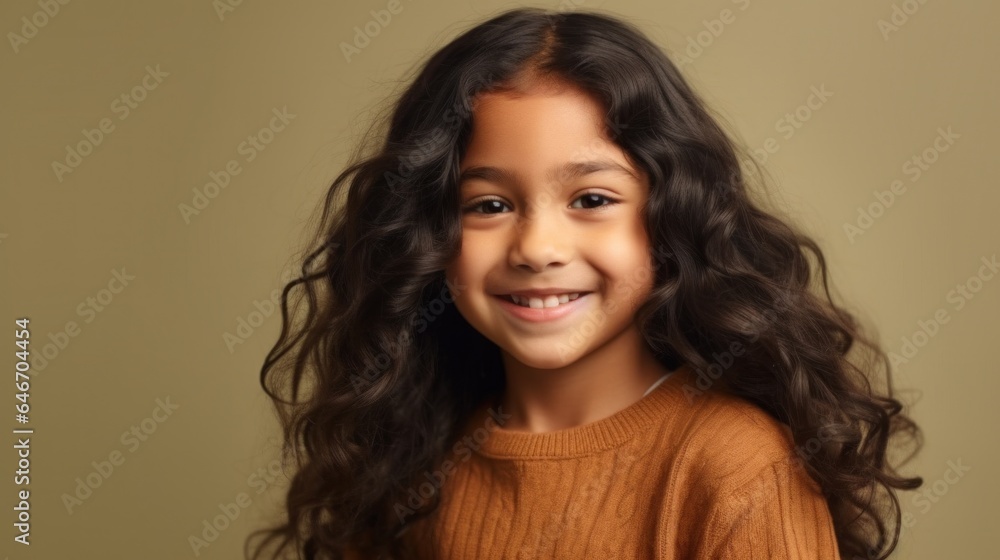 An adorable little girl with brown hair, wearing neutral attire, radiates happiness with a big smile in front of a beige studio setting. Generative AI An adorable little girl with brown hair, wearing neutral attire, radiates happiness with a big smile in front of a beige studio setting. Generative AI