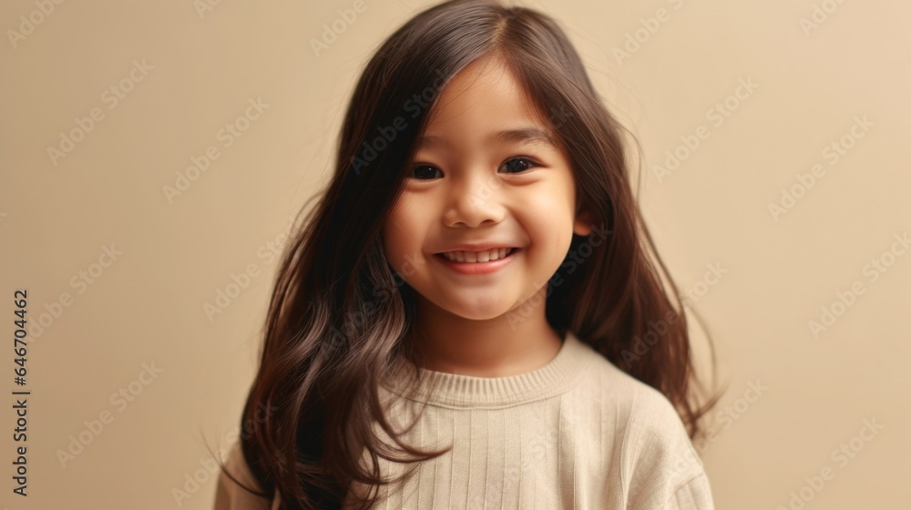 Joyful child with a radiant smile, dressed in neutral colors, on a beige studio background. Generative AI Joyful child with a radiant smile, dressed in neutral colors, on a beige studio background. Generative AI
