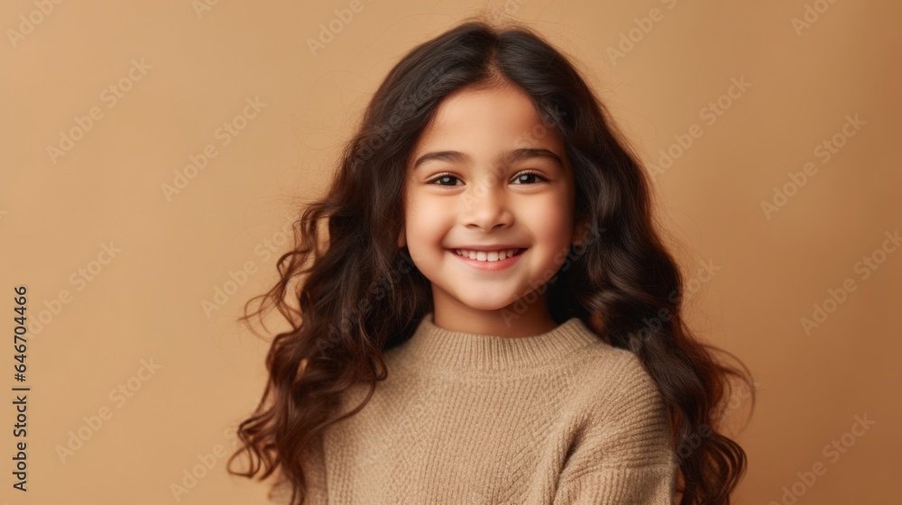 Cute, cheerful brunette girl with a big grin, wearing neutral clothing, set against a beige studio backdrop. Generative AI Cute, cheerful brunette girl with a big grin, wearing neutral clothing, set against a beige studio backdrop. Generative AI