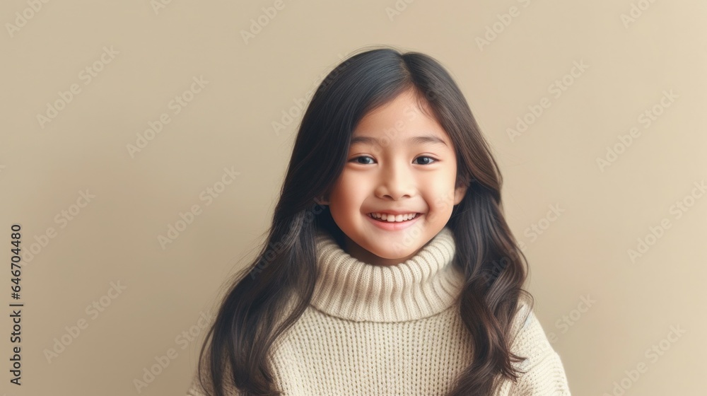 Smiling little girl with brown hair in a beige studio setting. Generative AI Smiling little girl with brown hair in a beige studio setting. Generative AI