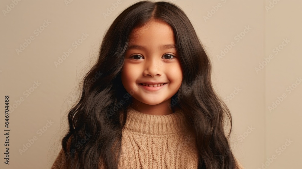Smiling little girl with brown hair in a beige studio setting. Generative AI Smiling little girl with brown hair in a beige studio setting. Generative AI