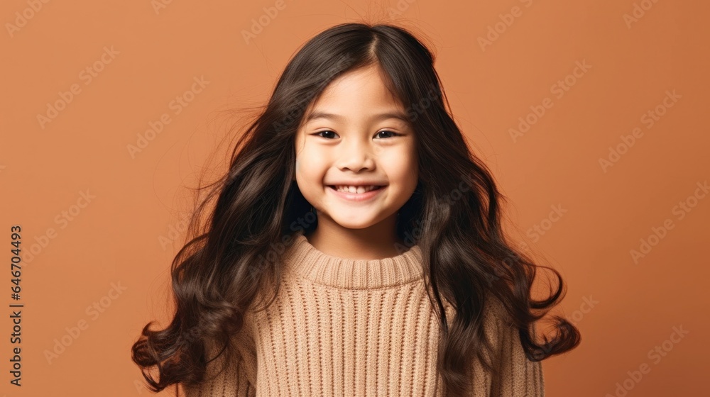 Joyful child with a radiant smile, dressed in neutral colors, on a beige studio background. Generative AI Joyful child with a radiant smile, dressed in neutral colors, on a beige studio background. Generative AI