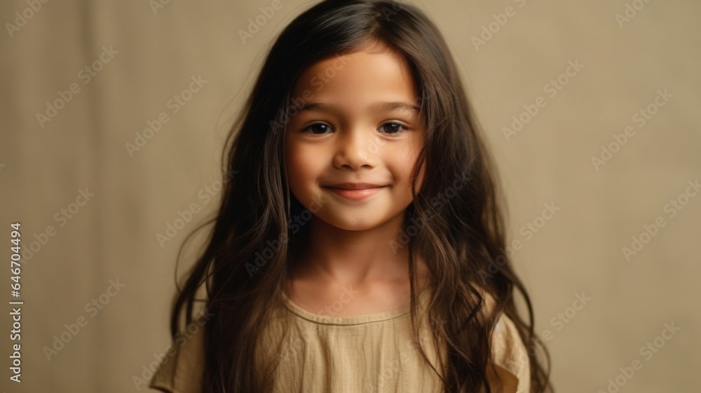 Portrait of an adorable brunette girl, dressed in neutral colors, with a wide, happy smile against a beige studio background. Generative AI Portrait of an adorable brunette girl, dressed in neutral colors, with a wide, happy smile against a beige studio background. Generative AI