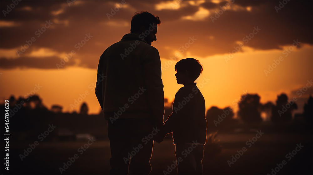 dark silhouette image of a son and father . 