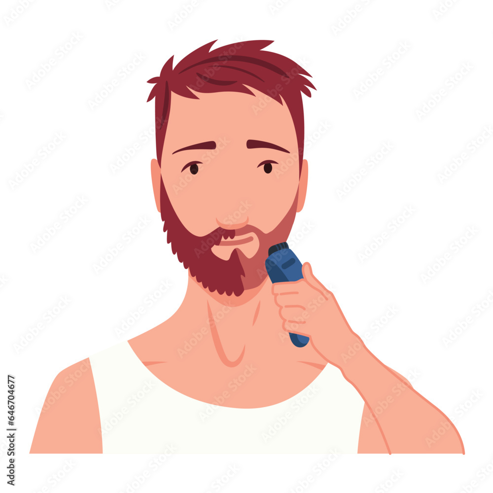 Man shaving. Male character grooming, does personal skincare routine. Cleansed and treated his face action. Flat vector illustration isolated on white background Man shaving. Male character grooming, does personal skincare routine. Cleansed and treated his face action. Flat vector illustration isolated on white background