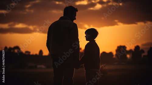 dark silhouette image of a son and father . 