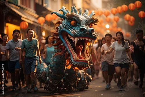Dragon Dance: Vibrant dragon dancers parade through the streets, symbolizing power and luck. Generated with AI © Chanwit