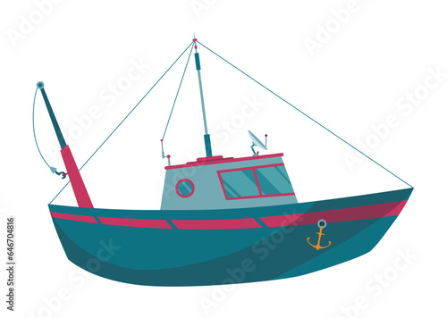 Fishing boat. Commercial fishing industry. Banner with watercraft or motor boat for fishing industry. Flat vector illustration