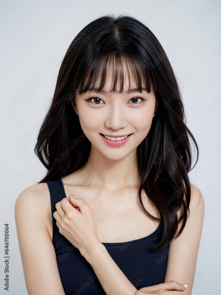 A Chinese beauty in a navy blue dress, her smile like a ray of sunshine A Chinese beauty in a navy blue dress, her smile like a ray of sunshine