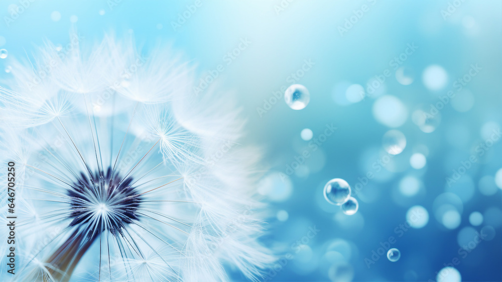 Dandelion and water drops, nature blue background, macro