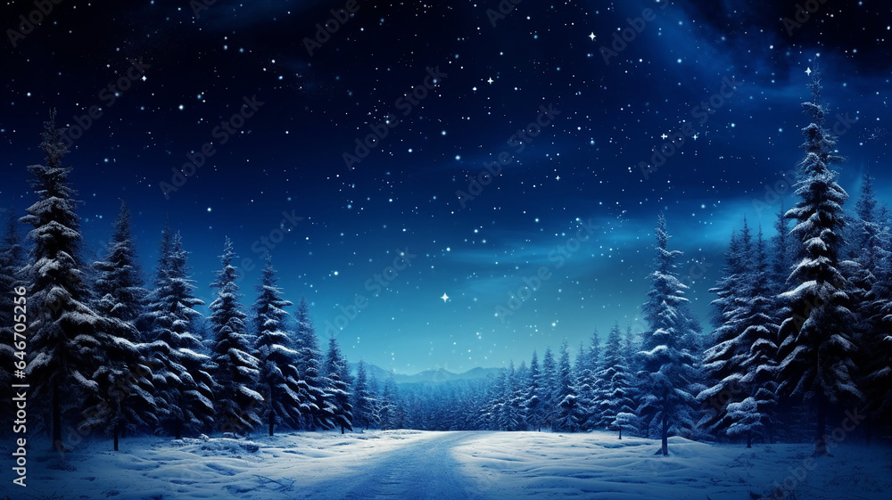Night starry sky, winter forest, snowy blue background