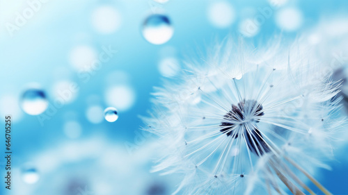 Dandelion and water drops, nature blue background, macro