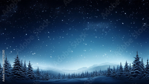 Night starry sky  winter forest  snowy blue background