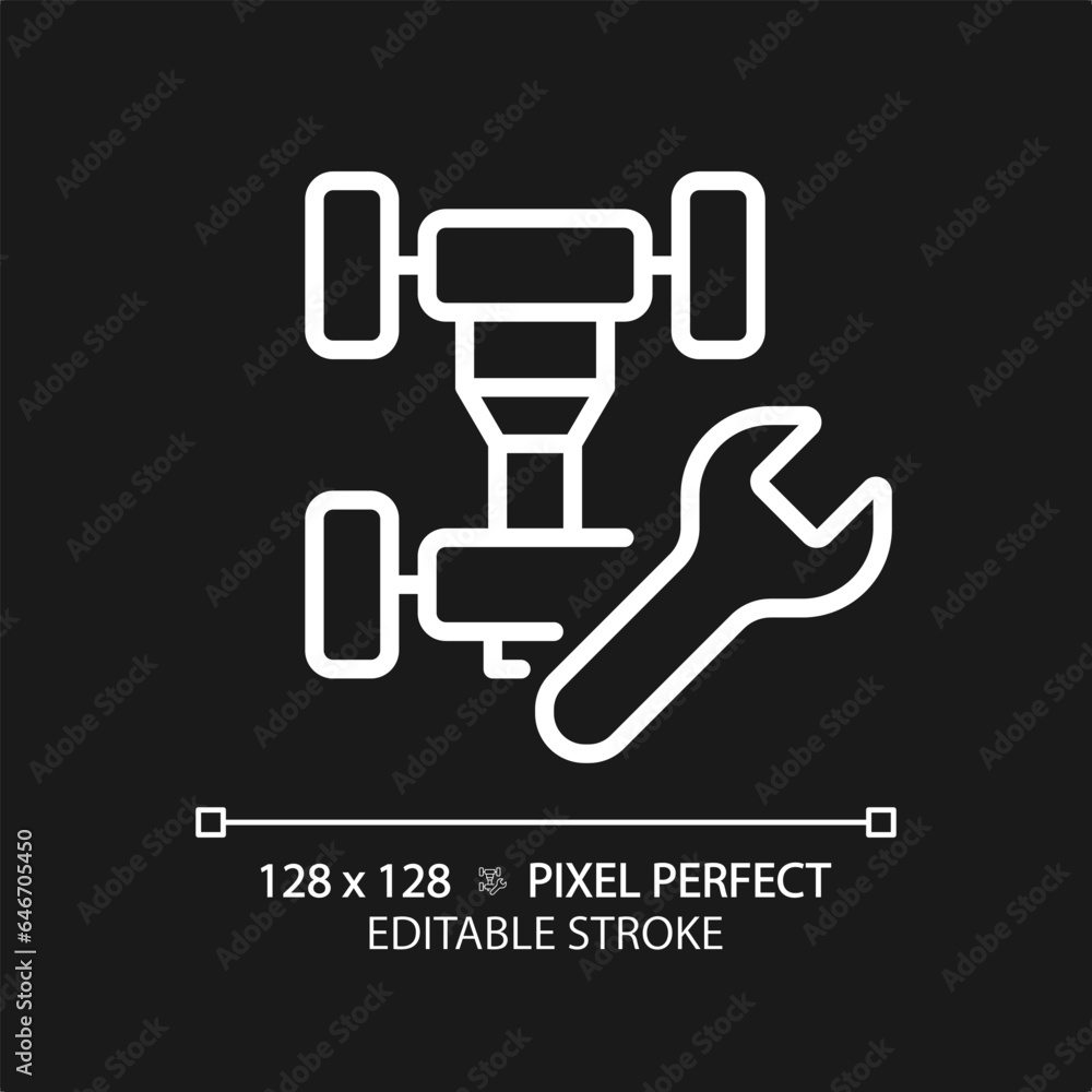2D pixel perfect editable white car chassis repair icon, isolated vector, thin line simple illustration representing car service and repair. 2D pixel perfect editable white car chassis repair icon, isolated vector, thin line simple illustration representing car service and repair.