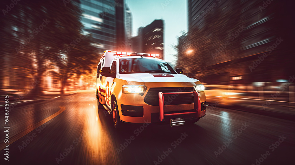 a Medical emergency ambulance driving during traffic jam on city road. rush hour concept. Ambulance. Generative Ai a Medical emergency ambulance driving during traffic jam on city road. rush hour concept. Ambulance. Generative Ai
