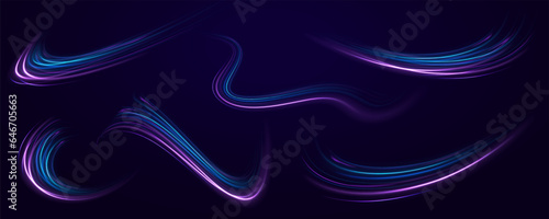 Abstract light lines of movement and speed in neon color. Shine of cosmic rays. Light everyday glowing effect. Curve light effect of blue line. Vector illustration. 