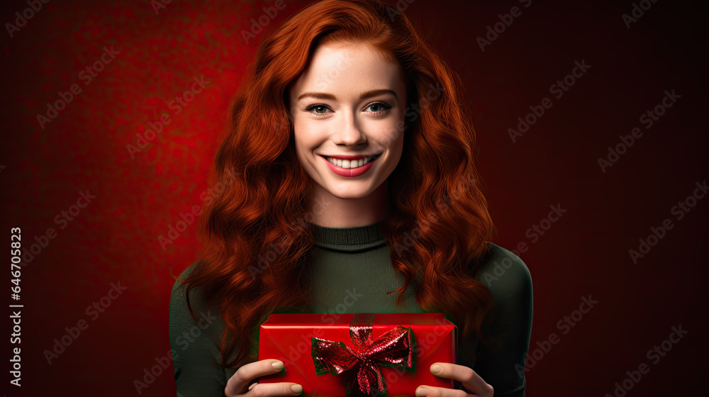 redhair woman with christmas gift box, red background redhair woman with christmas gift box, red background