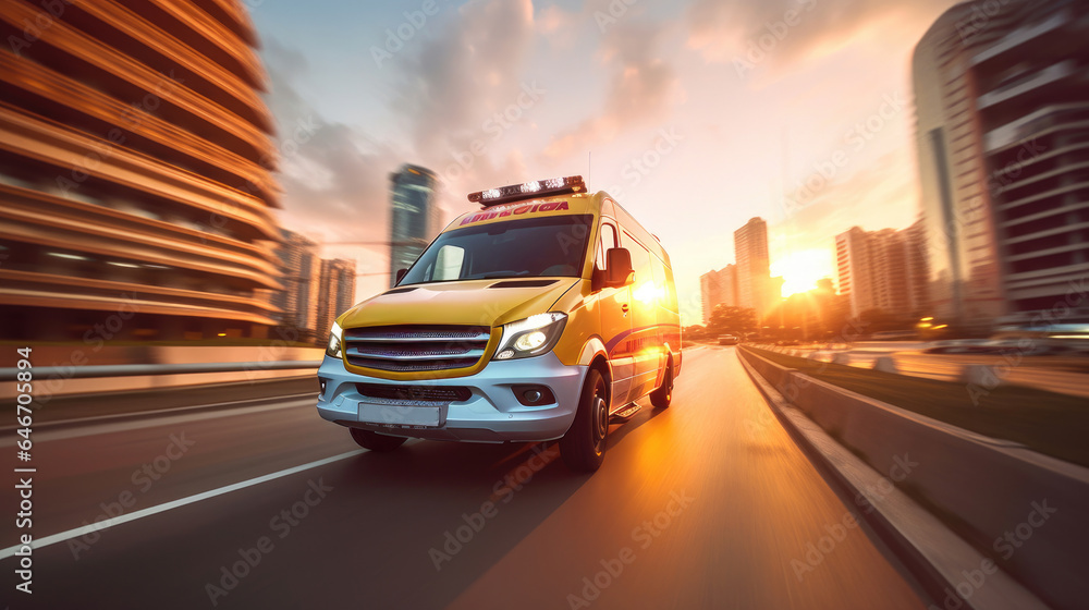 a Medical emergency ambulance driving during traffic jam on city road. rush hour concept. Ambulance. Generative Ai