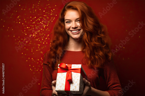 redhair woman with christmas gift box, red background
