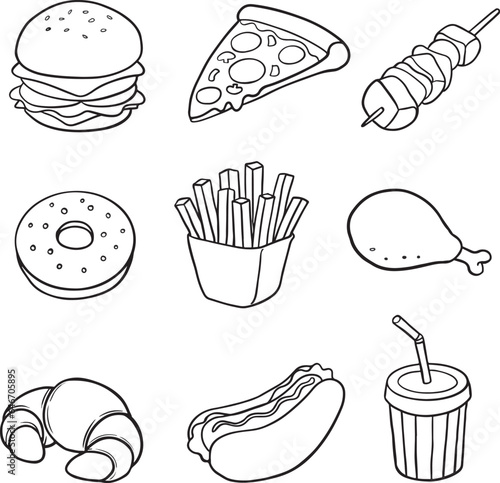 Set of outline fast food drawings. Doodle silhouettes of takeaway meals. Pizza, burger, sandwich, hotdog, and other elements. Black line vector illustration, black and white, black line vector