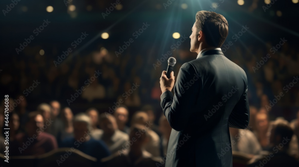 Back view of Man in business suit giving a speech on the stage in front of the audience - obrazy, fototapety, plakaty 