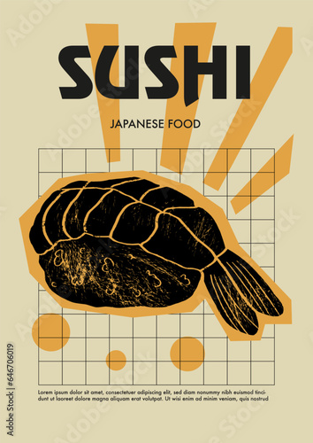 Sushi menu, restaurant of japanese cuisine colored bright advertising poster in vintage style vector illustration. Layered, separate grunge textures and text