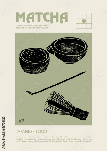 Matcha tea. Japanese drink, food, healthy nutrition, menu, beverage concept. Price tag or poster design. Set of vector illustrations. Typography. Engraving style. Labels, cover, t-shirt print