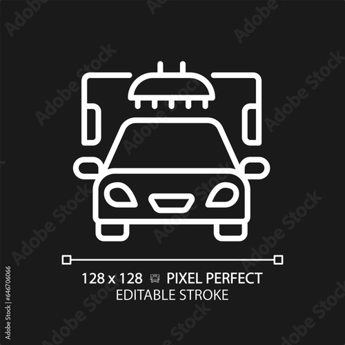 2D pixel perfect editable white car wash icon, isolated vector, thin line simple illustration representing car service and repair.