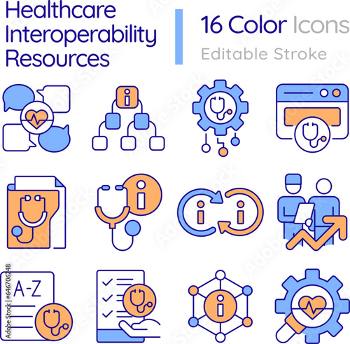 2D editable multicolor thin line icons set representing healthcare interoperability resources, isolated vector, linear illustration.
