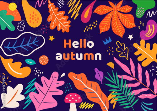 Hello autumn. Autumn colorful illustration with autumn leaves