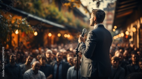 Back view of Man in business suit giving a speech on the stage in front of the audience