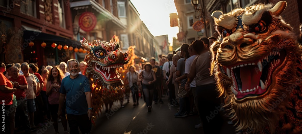 Dragon Dance: Vibrant dragon dancers parade through the streets, symbolizing power and luck. Generated with AI