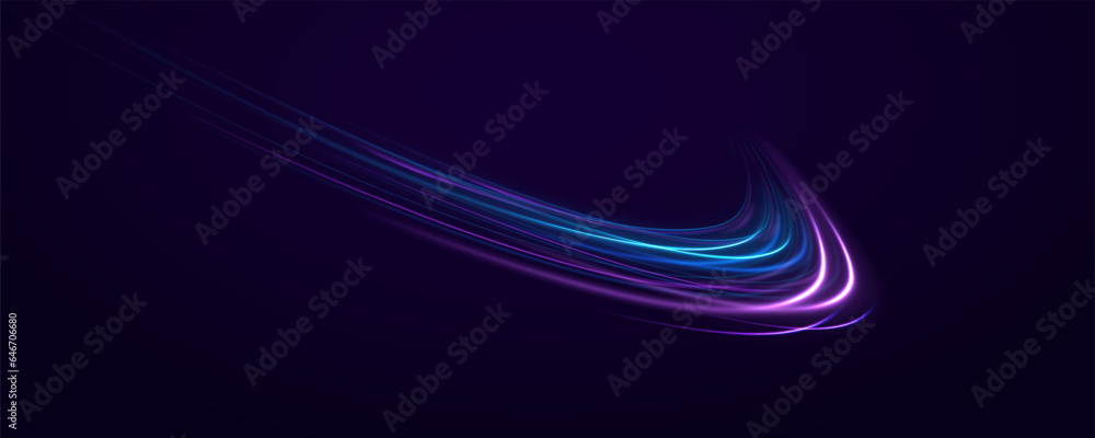 Neon lines of speed and fast wind. semicircular wave, light trail curve swirl, car headlights, incandescent optical fiber. cyber futuristic divider border, purple and blue laser beam isolated. - obrazy, fototapety, plakaty 