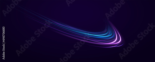 Neon lines of speed and fast wind. semicircular wave, light trail curve swirl, car headlights, incandescent optical fiber. cyber futuristic divider border, purple and blue laser beam isolated.