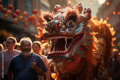 Dragon Dance: Vibrant dragon dancers parade through the streets, symbolizing power and luck. Generated with AI