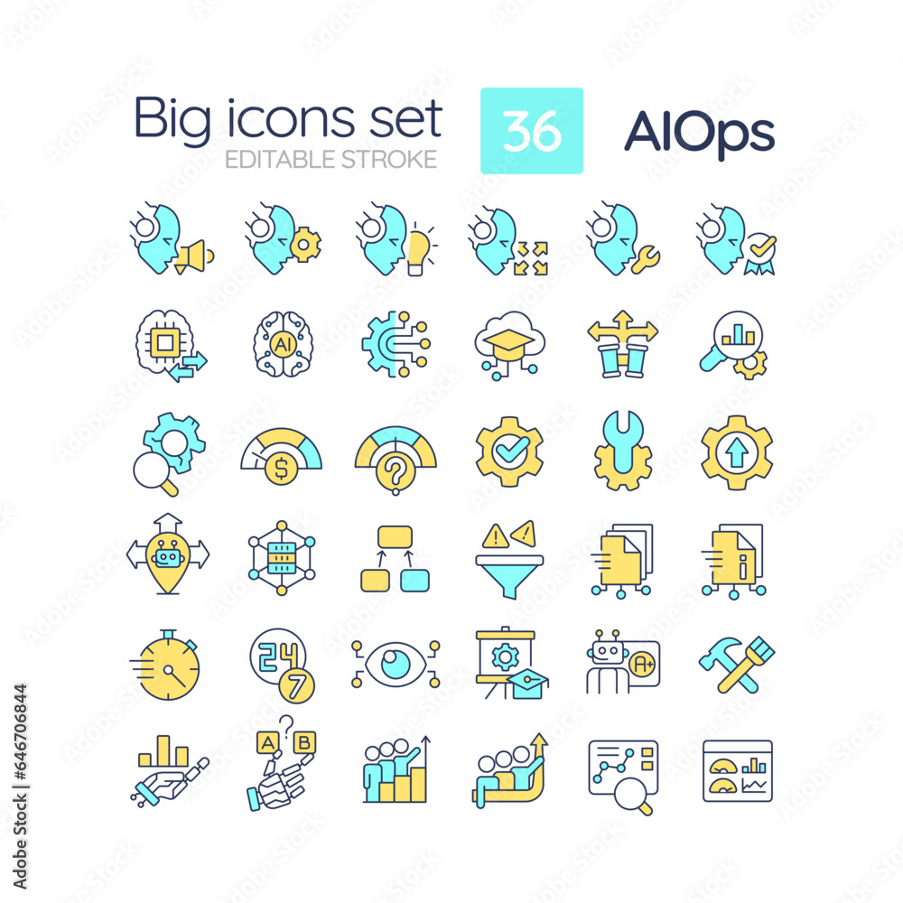 2D editable multicolor big line icons set representing AI ops, isolated vector, linear illustration. 2D editable multicolor big line icons set representing AI ops, isolated vector, linear illustration.