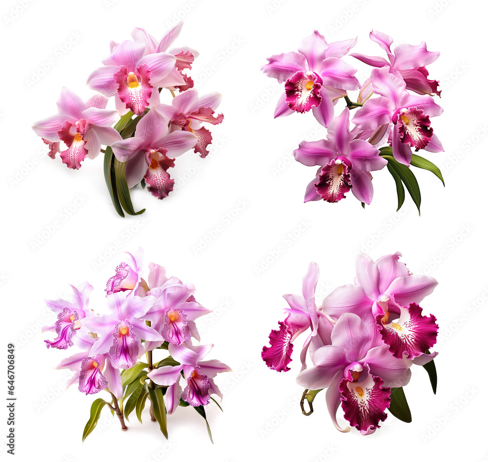 Image group of cattleya orchids flowers on white background. Nature. Illustration, Generative AI.