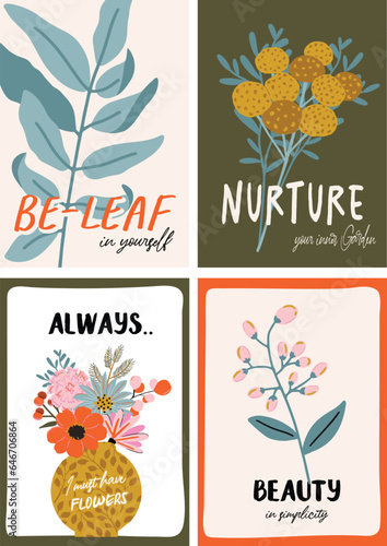 Set of 4 Nature themed posters with inspirational quotes. Hand drawn flowers and leaves perfect for wall art, postcards, stationery, branding etc.