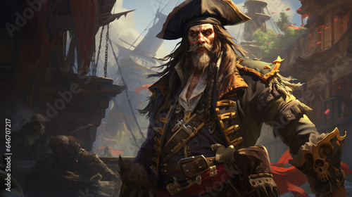 A pirate with a skull on his chest and a ship in the sea
