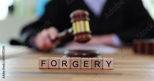 Forgery word judge with gavel in court. Submitting falsified evidence to court