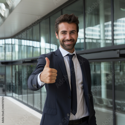Precisionism-Influenced Young Businessman with Thumbs-Up