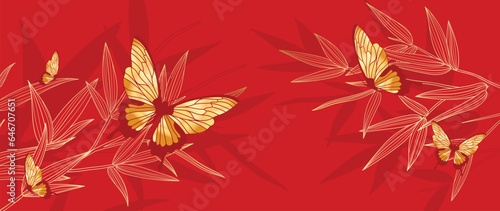 Luxury oriental japanese pattern background vector. Elegant butterflies and bamboo leaf golden line art on red background. Design illustration for decoration, wallpaper, poster, banner, card.