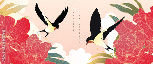 Luxury gold oriental style background vector. Chinese and Japanese wallpaper pattern design of elegant swallow birds and flower with gold line texture. Design illustration for decoration, wall decor.