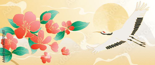 Luxury gold oriental style background vector. Chinese and Japanese wallpaper pattern design of elegant crane birds and flowers with gold line texture. Design illustration for decoration, wall decor.
