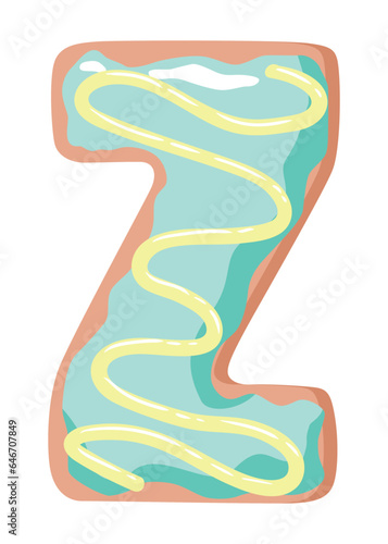 Cartoon cookies font. Vector letter baking in colored glaze. Creative gingerbread typography design. Childhood sweet donut. Letter Z