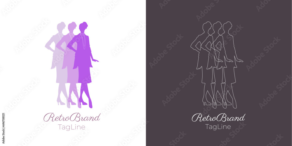 Retro fashion isolated symbol emblem logo brand image of flapper girl silhouette in trendy dress