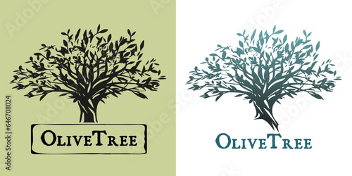 Isolated hand drawn olive tree symbolic illustration on sample text as logo brand or symbol.