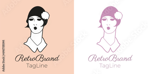 Retro fashion isolated symbol emblem logo or brand image of young flapper girl in trendy hat over sample text.