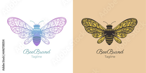 Symbolic image of a stylized bee isolated on sample text, as a logo, brand or symbol.